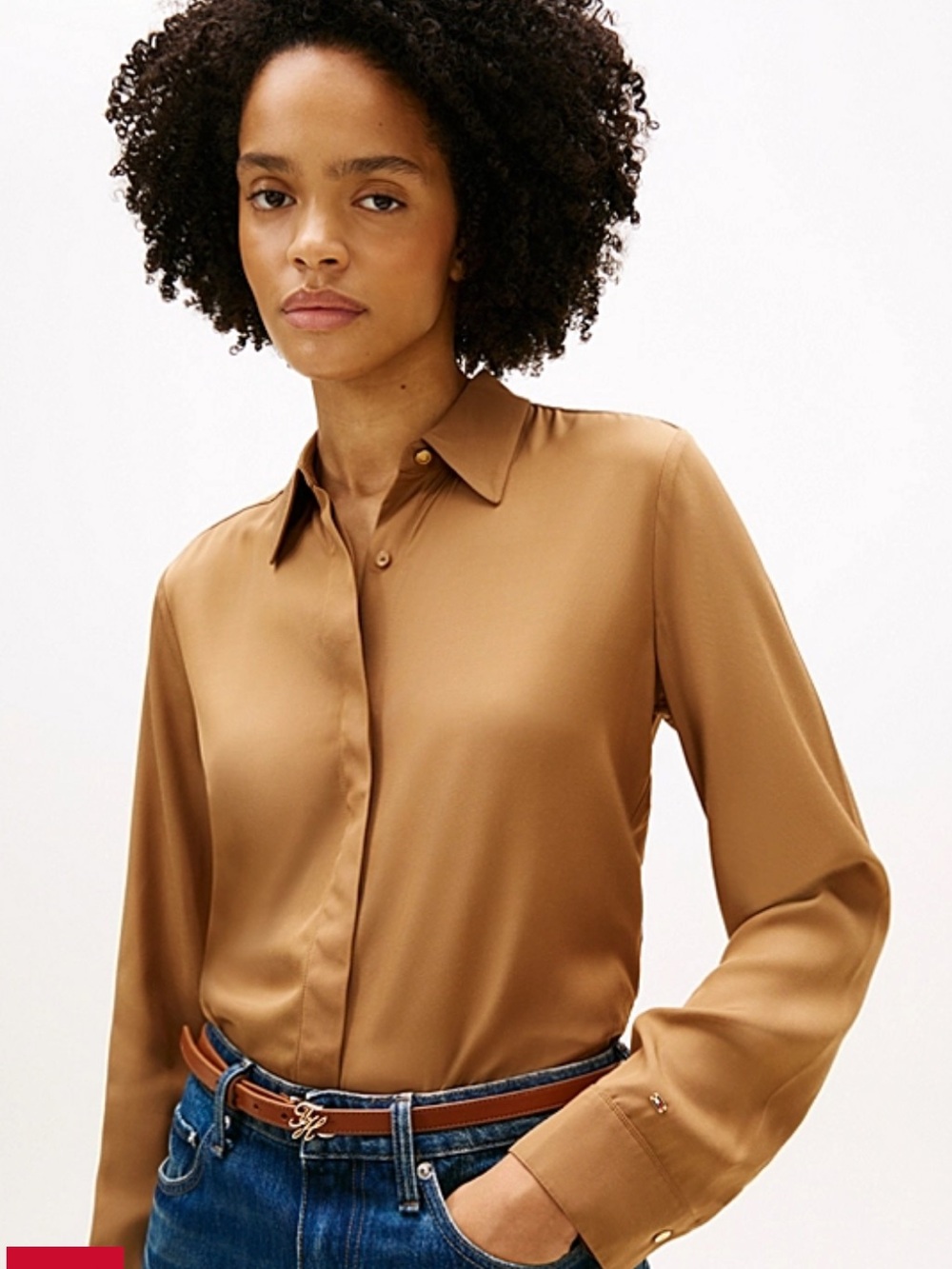 Tommy Hilfiger Silky Button-Down Shirt in Camel Brown